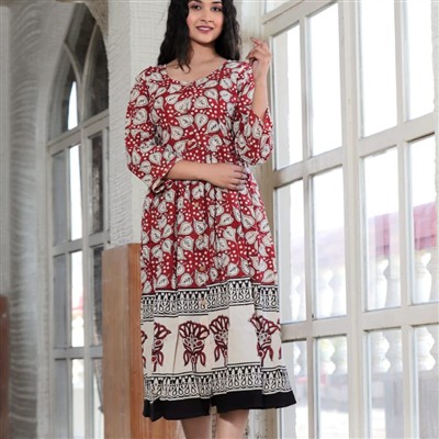 Hand Block Printed Crimson Floral Cotton Tunic Dress