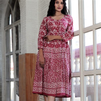 Aliya Bagru Block Printed Cotton Midi Dress in Reddish-Pink