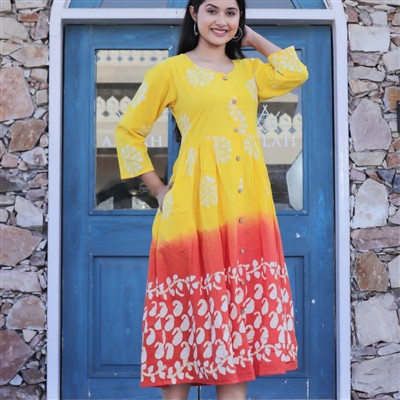 Aliya Pattern Bagru Block Printed Flare Dress in Yellow-Orange