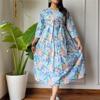 Bagru Hand Block Printed Cotton Dress with Frilled V-Neckline