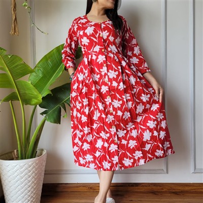 Bagru Hand Printed Red Cotton A-line Dress with Wooden Buttons