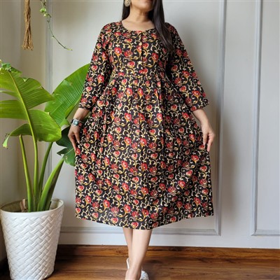 Hand Block Printed Beige Floral Cotton Midi Dress