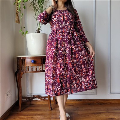 Bagru Hand Printed Maroon Cotton Dress with Paisley Motifs