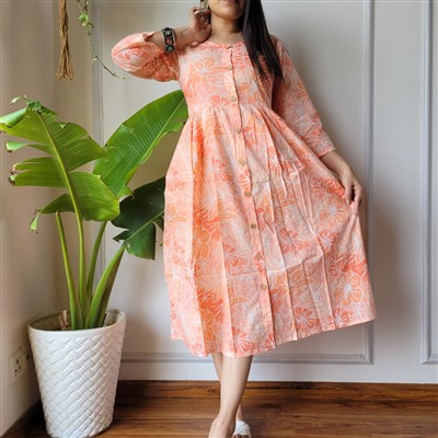 Peach Floral Bagru Block Printed Cotton Dress with Wooden Buttons