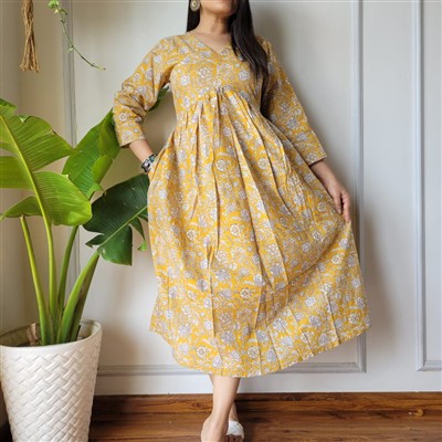 Mustard Aliya Bagru Hand Block Printed Cotton Dress
