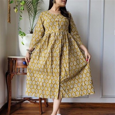 Bagru Mustard Flora Cotton Long Dress Frill Style