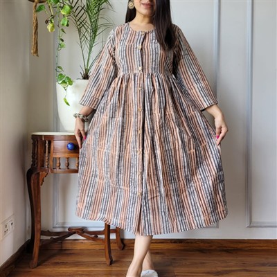 Peach Blossom Bagru Hand Printed Cotton Midi Dress