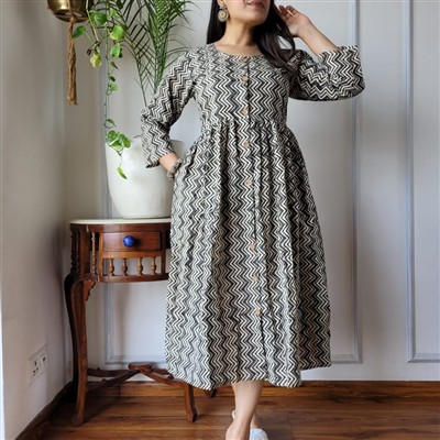Aliya Zigzag Hand Block Printed Cotton Midi Dress
