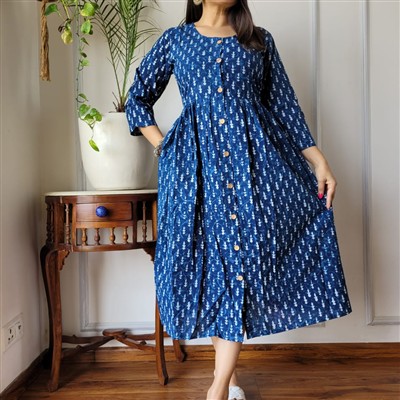 Hand Block Printed Navy Blue Cotton Midi Dress with Wooden Buttons
