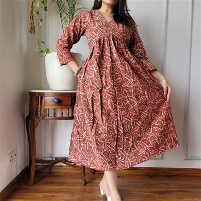Bagru Leaf Motif Cotton Flared Dress Aliya Pattern