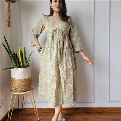 Hand Block Printed Aliya Pattern Cotton Midi Dress