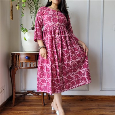 Hand Block Printed Pink Floral Cotton Midi Dress