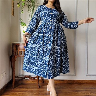 Bagru Hand Block Printed Cotton Midi Dress with Aliya Pattern