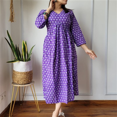 Purple Bagru Block Printed Cotton Frock Dress with Aliya Frill