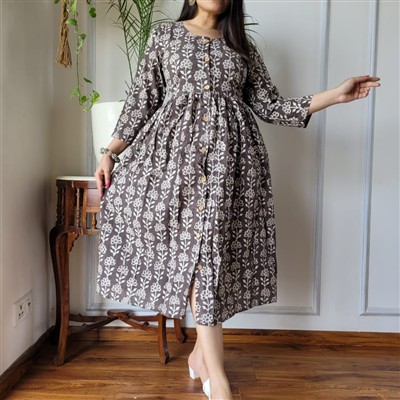 Hand Block Printed Bagru Cotton Midi Dress Frill Aliya Pattern