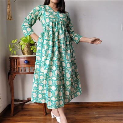 Hand Block Printed Teal Green Cotton Flared Dress with V-Neckline
