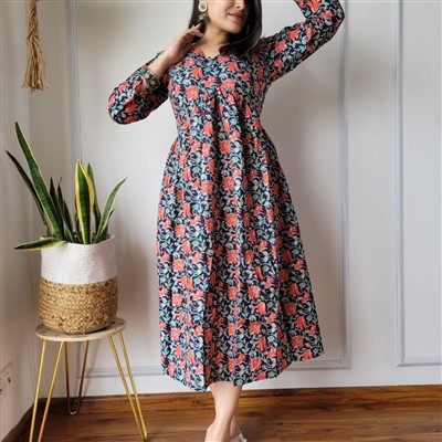 Hand Block Printed Coral Floral Cotton Dress with Waist Detail