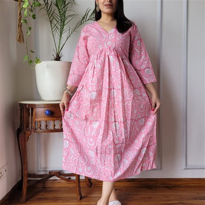 Bagru Floral Cotton Midi Dress with V-Neckline