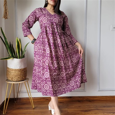 Purple Blossom Bagru Hand Printed Cotton Dress Aliya Frill Design
