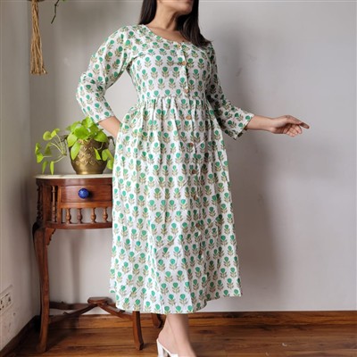 Hand Block Printed Green and Yellow Floral Cotton Midi Dress