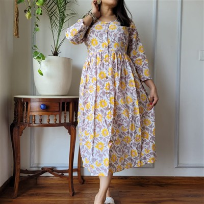 Bagru Hand Block Printed Cotton Midi Dress with Yellow Florals