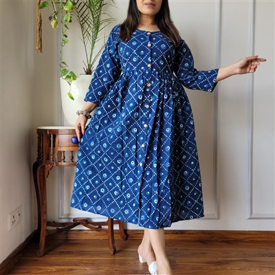 Indigo Aliya Pattern Cotton Midi Dress with Frill Detail