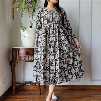 Bagru Floral Hand Block Printed Cotton Midi Dress