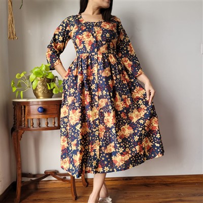 Bagru Hand Printed Cotton Flare Dress in Aliya Pattern - Navy & Mustard Floral