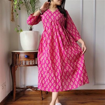 Crimson Floral Bagru Block Cotton Midi Dress with V-Neck