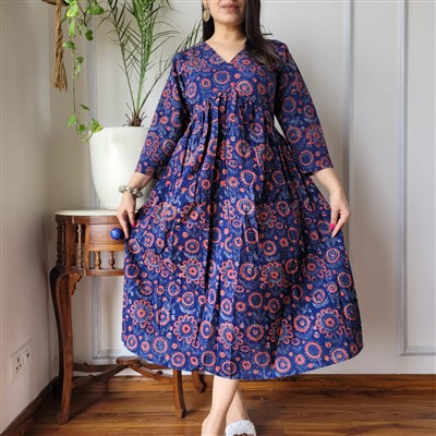 Indigo Aliya Pattern Cotton Midi Dress with Frill Detailing