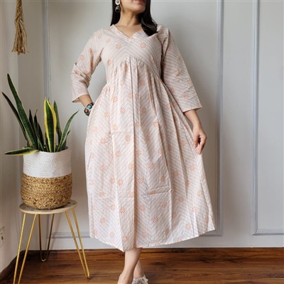 Bagru Hand Printed Cotton Flare Midi Dress in Aliya Pattern Beige