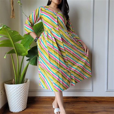 Hand Block Printed Bagru Cotton Dress in Vibrant Stripes