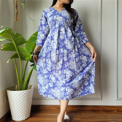 Bagru Indigo Floral Cotton Midi Dress with Aliya Frill Design