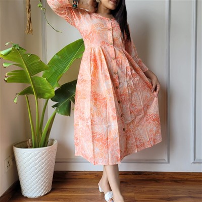 Bagru Hand Block Printed Cotton Dress Frilled Aliya Pattern Coral White Midi