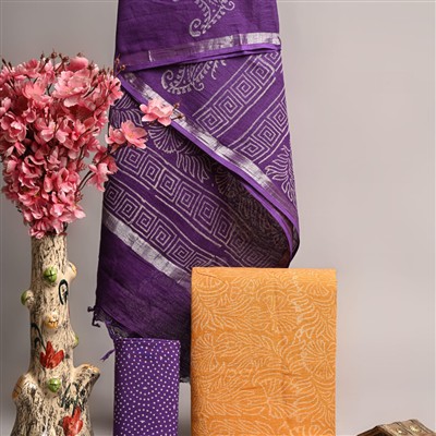 Silver Paisley Linen Cotton Hand Block Printed Suit Set