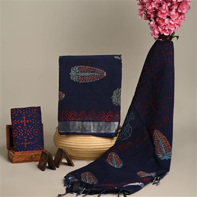 Hand Block Printed Linen Cotton Set with Silver Border