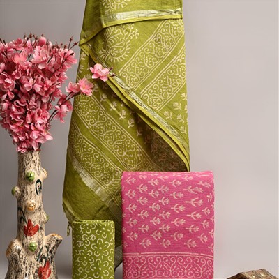 Olive Green Paisley Linen Suits with Silver Border