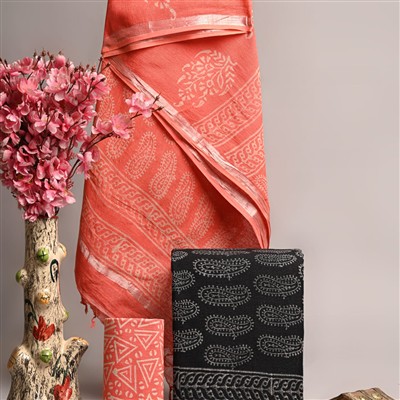 Hand Block Printed Coral Paisley Linen Cotton Suit Set