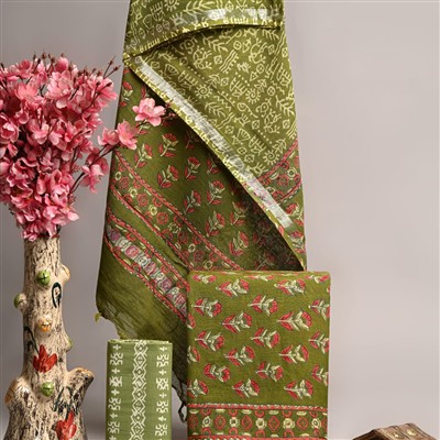Olive Floral Linen Hand Block Printed Ethnic Suit Set