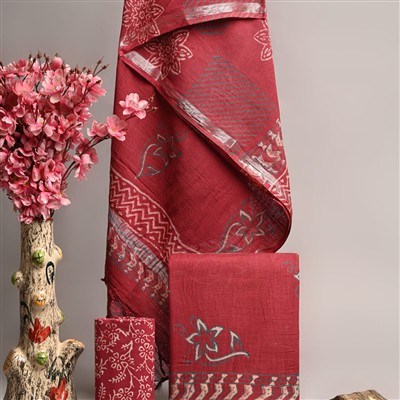 Hand Block Printed Linen Cotton Ethnic Suit Set with Silver Border