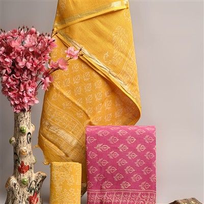 Golden Blossom Hand Block Linen Cotton Suit Set