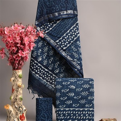 Silver Border Indigo Floral Linen Cotton Suit Set