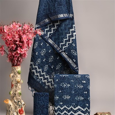 Navy Blue Linen Cotton Suit Set with Silver Borders