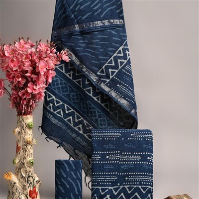 Indigo Hand Block Printed Linen Cotton Suit Set with Silver Borders