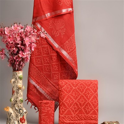 Crimson Floral Linen Cotton Hand Block Printed Suit Set