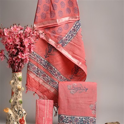 Blue Floral Hand Block Printed Linen Cotton Suit Set