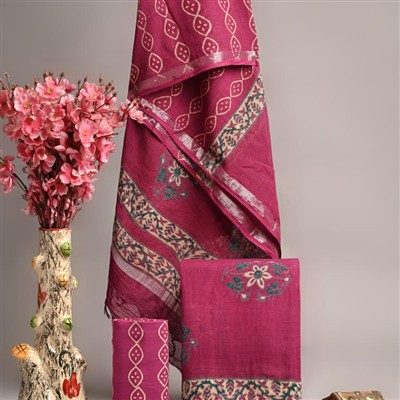 Magenta Blossom Hand Block Linen Cotton Suit Set