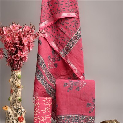 Magenta Blossom Hand Block Linen Cotton Suit Set