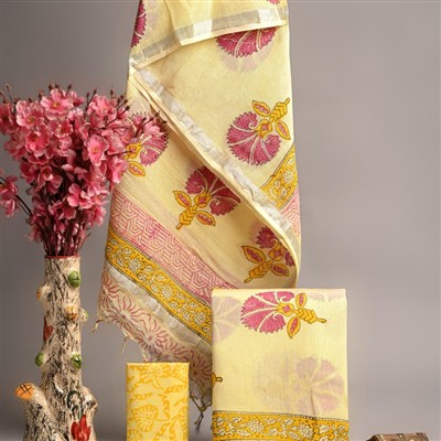 Sunshine Blooms Linen Cotton Suit Set with Silver Border