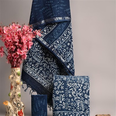 Indigo Hand Block Printed Linen Suit Set with Silver Borders